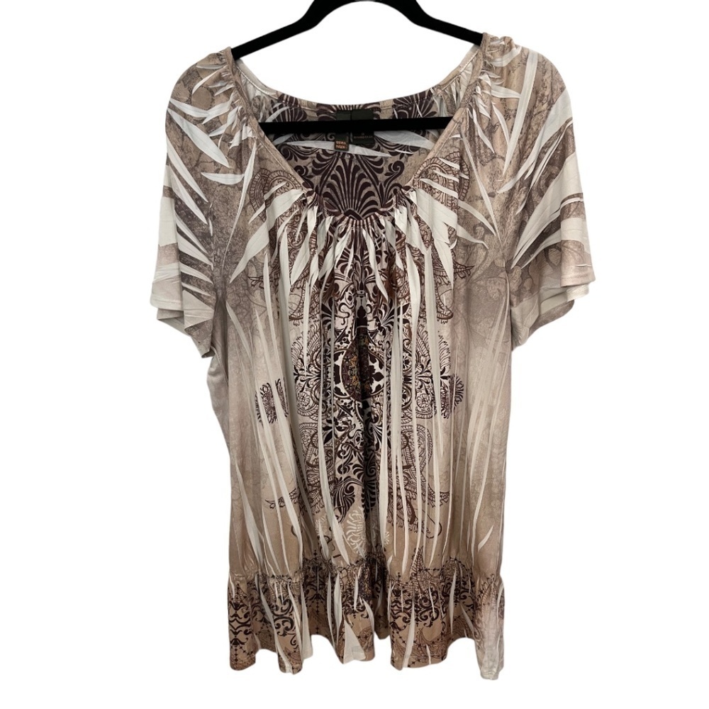 SERE Nade Plus Size Brown Design Short Sleeve Ruffle Hem Top Size 1X